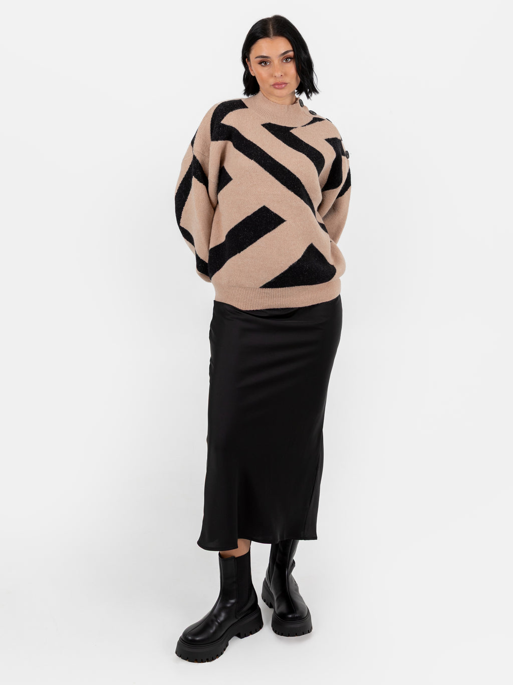 Lovedrobe Camel and Black Geometric High Neck Jumper with Button Detail