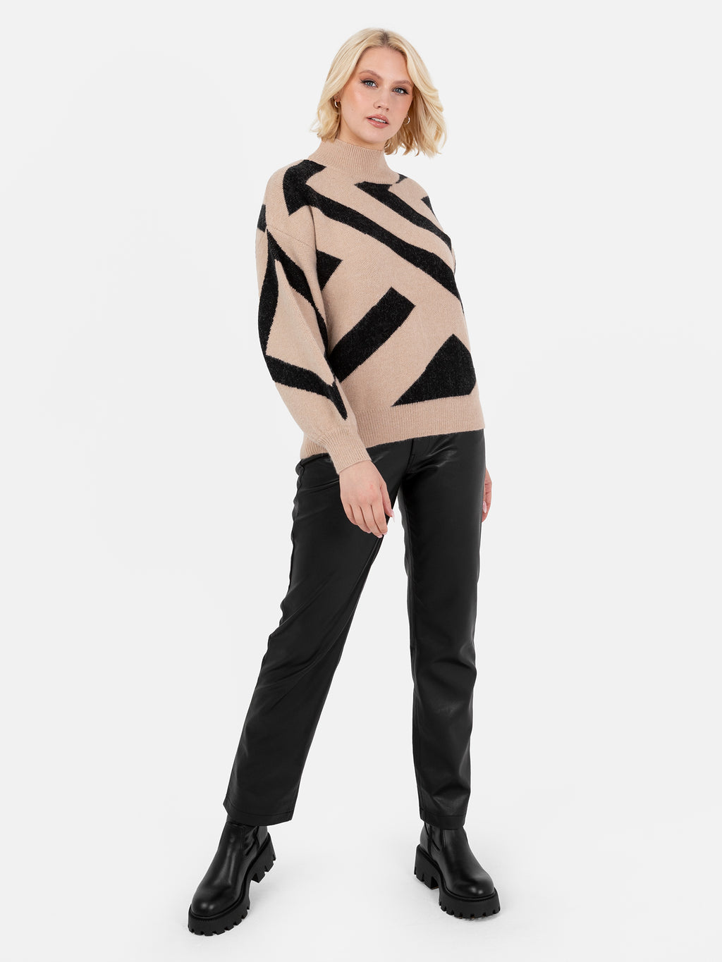 Lovedrobe Camel and Black Geometric High Neck Jumper with Button Detail