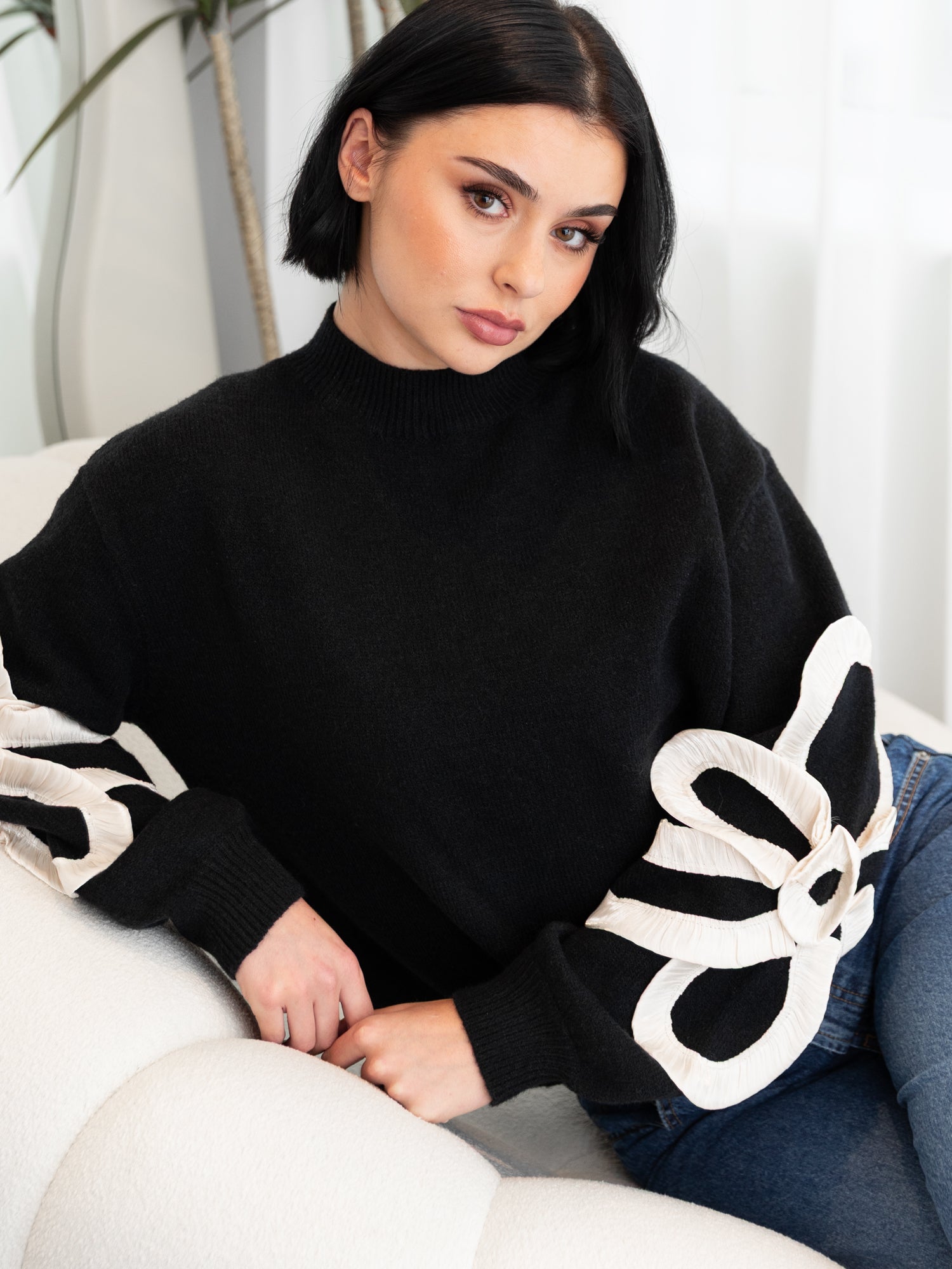 Lovedrobe Black Jumper with Satin Squiggle Applique on Sleeves