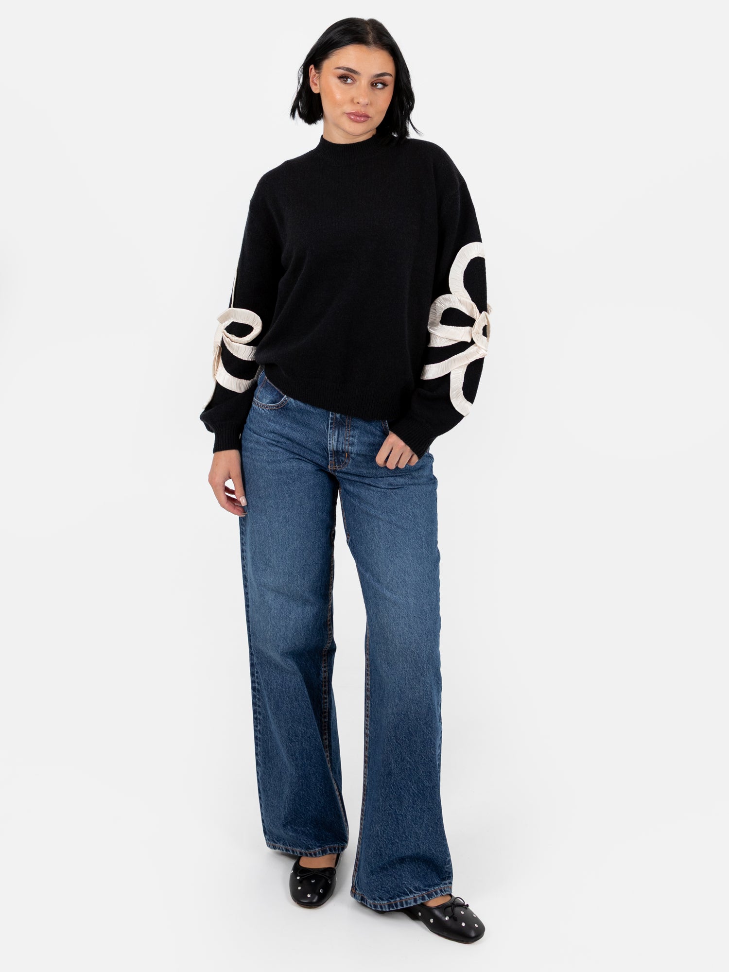 Lovedrobe Black Jumper with Satin Squiggle Applique on Sleeves