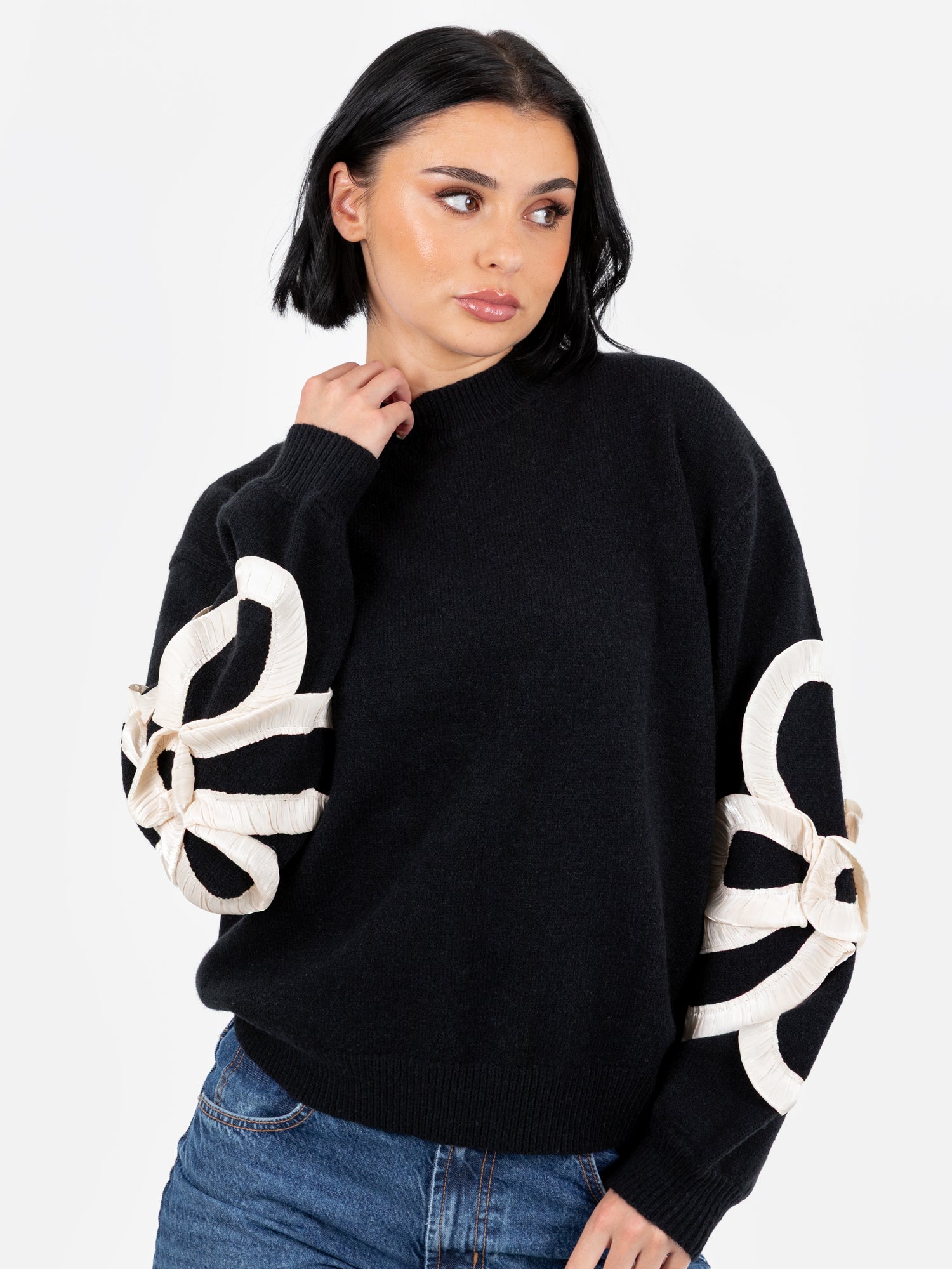 Lovedrobe Black Jumper with Satin Squiggle Applique on Sleeves