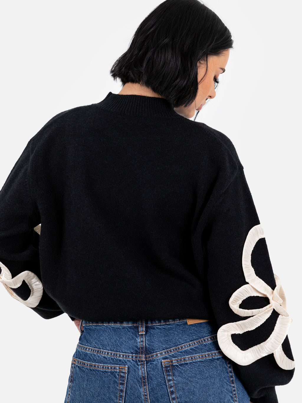 Lovedrobe Black Jumper with Satin Squiggle Applique on Sleeves