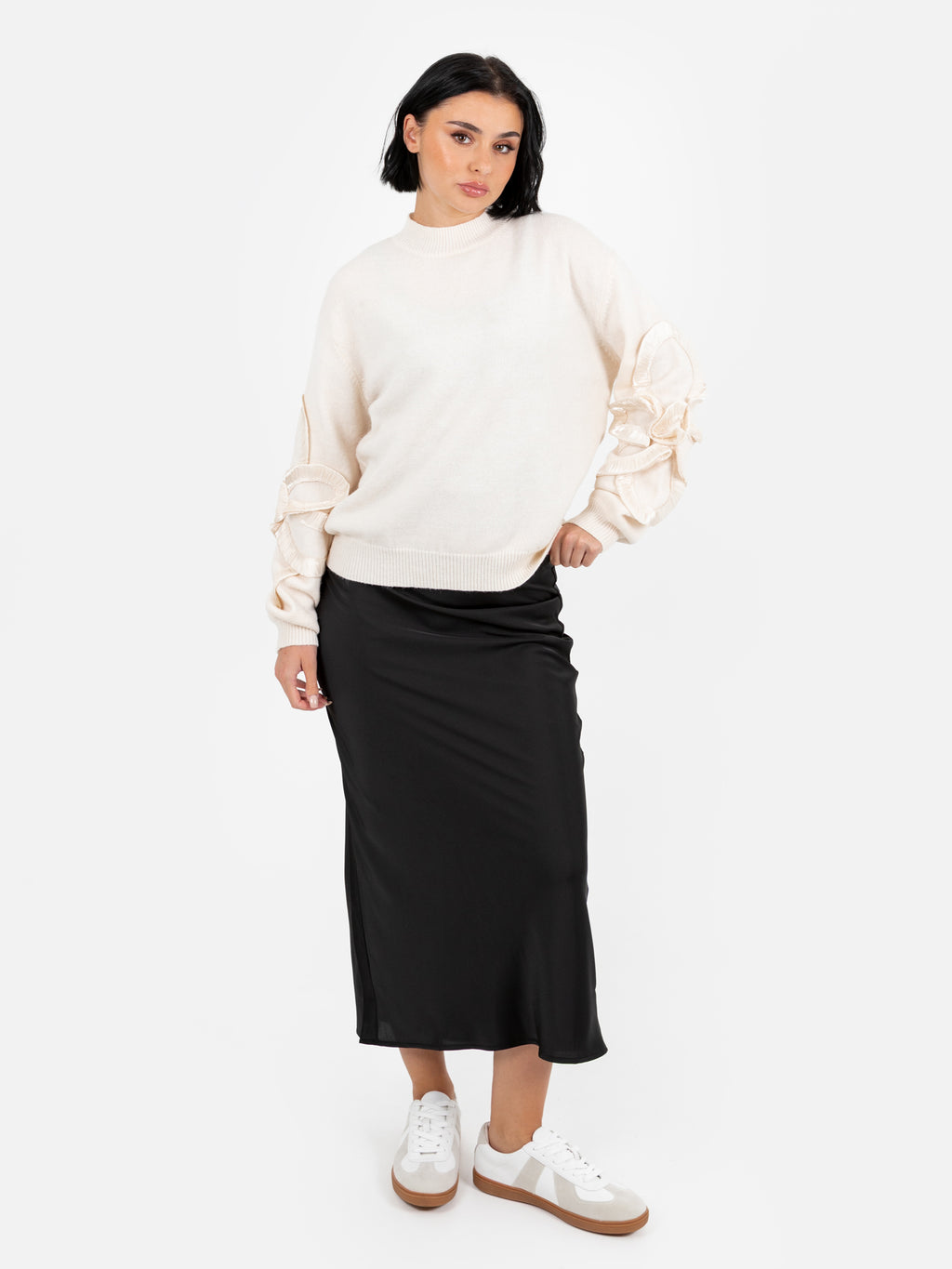 Lovedrobe Cream Jumper with Satin Squiggle Applique on Sleeves
