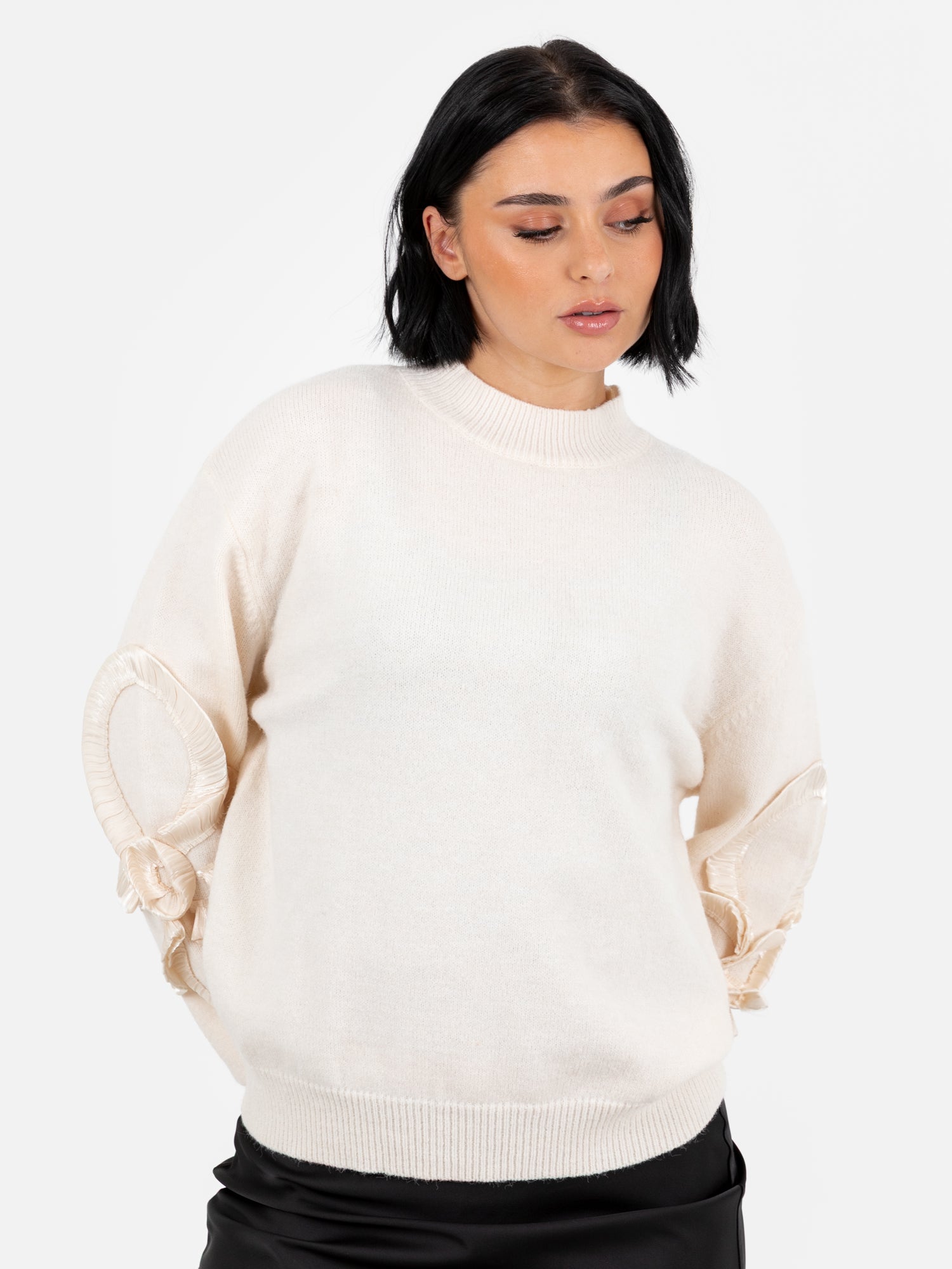 Lovedrobe Cream Jumper with Satin Squiggle Applique on Sleeves