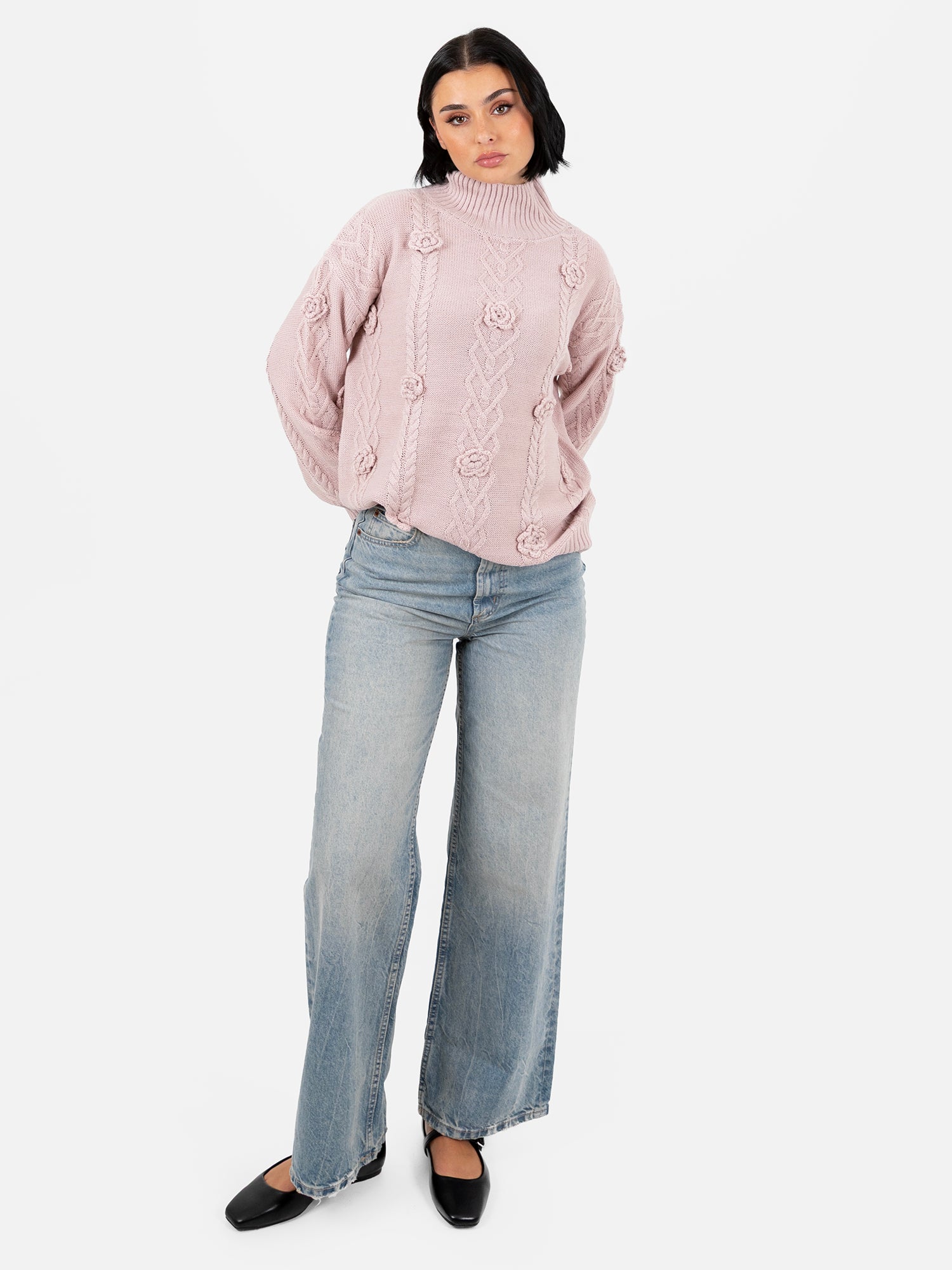 Lovedrobe Blush Cable Knit High Neck Jumper with Floral Detail