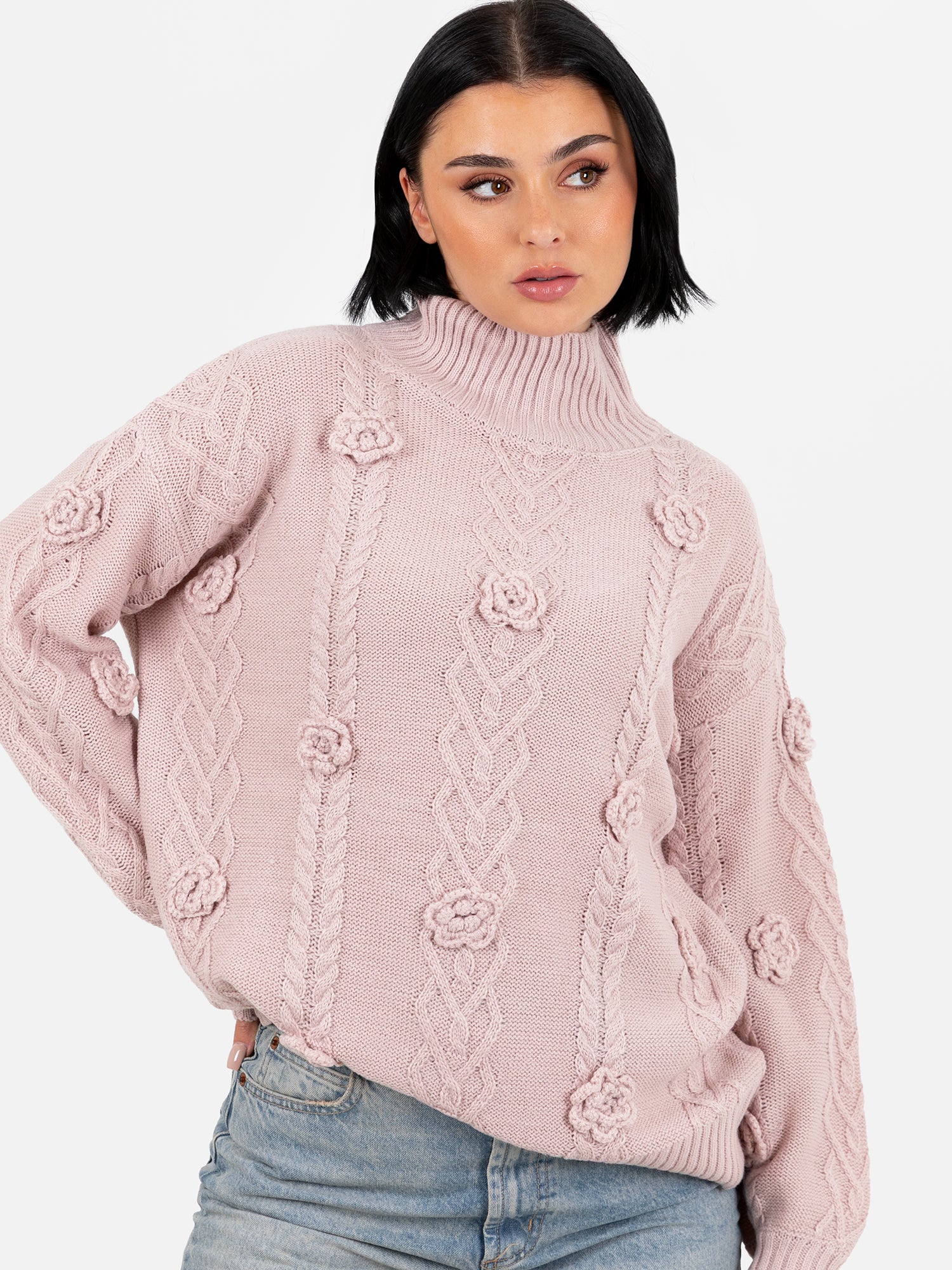 Lovedrobe Blush Cable Knit High Neck Jumper with Floral Detail