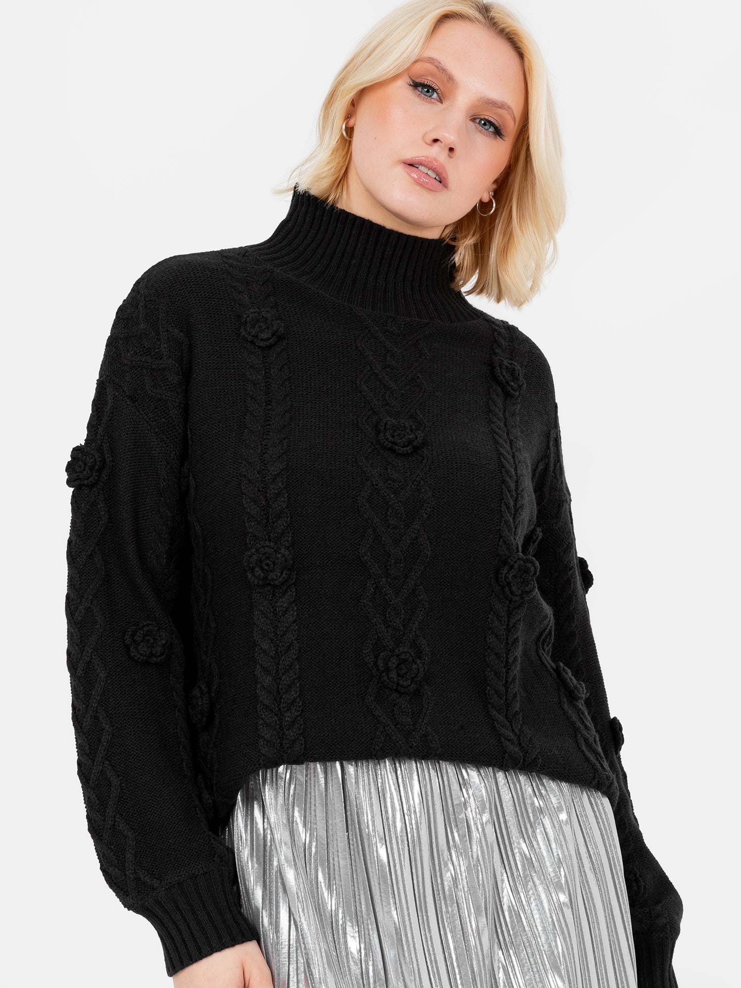 Lovedrobe Black Cable Knit High Neck Jumper with Floral Detail