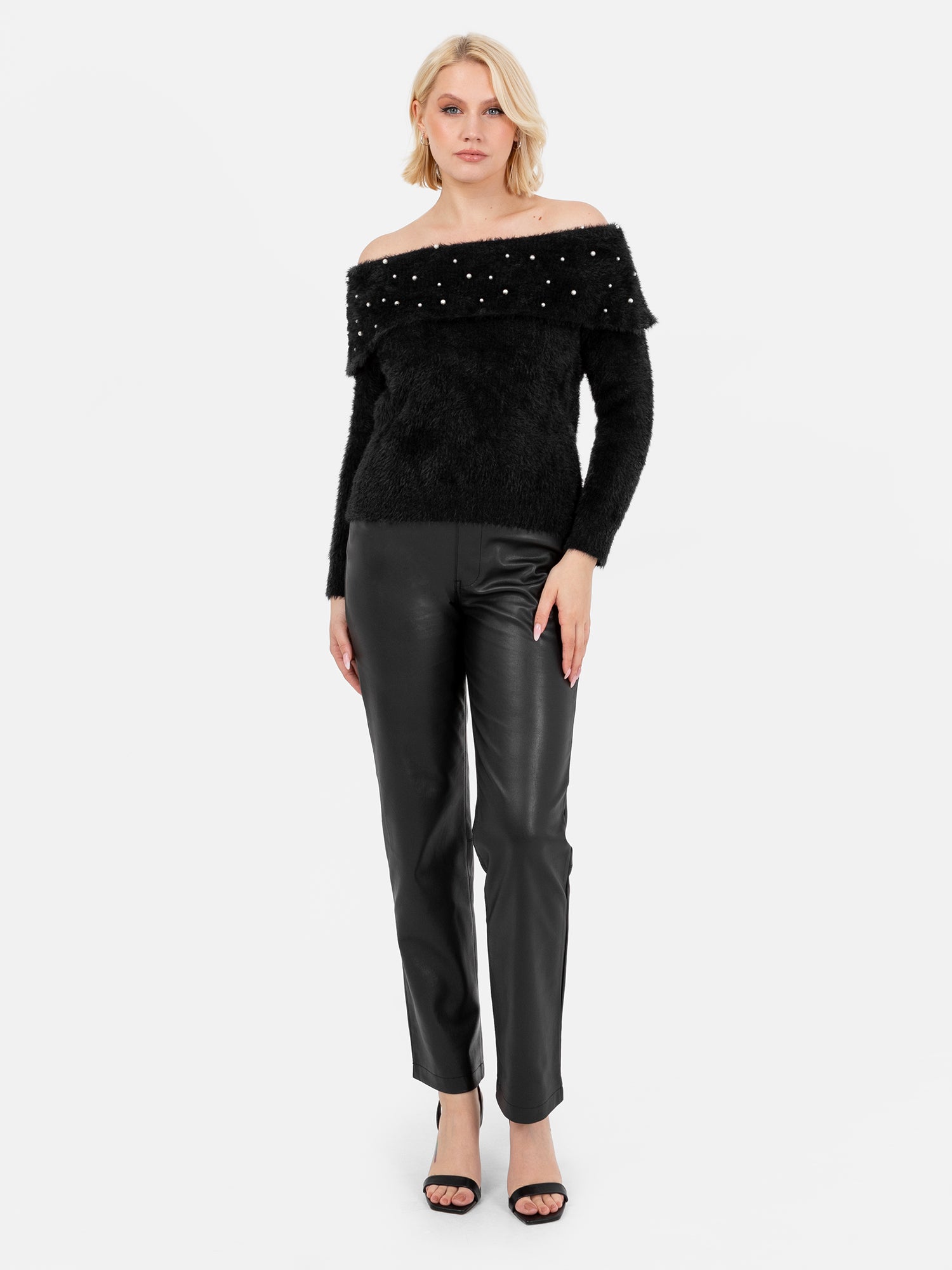 Lovedrobe Pearl Embellished Black Bardot Jumper
