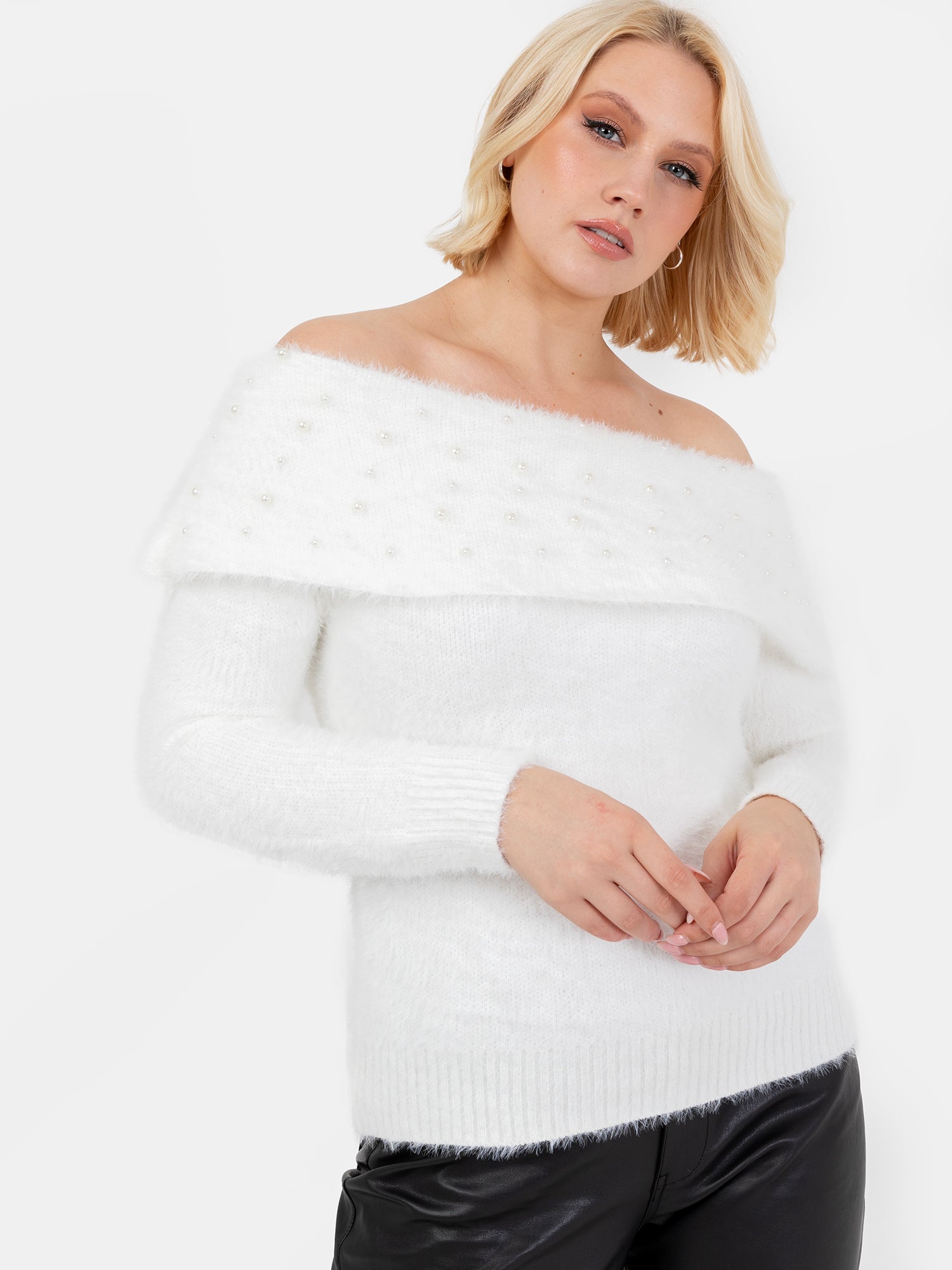 Lovedrobe Pearl Embellished Ivory Bardot Jumper