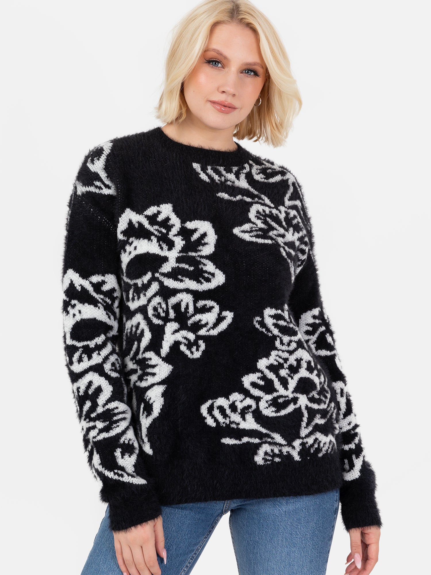 Lovedrobe Black & White Floral Jacquard Jumper