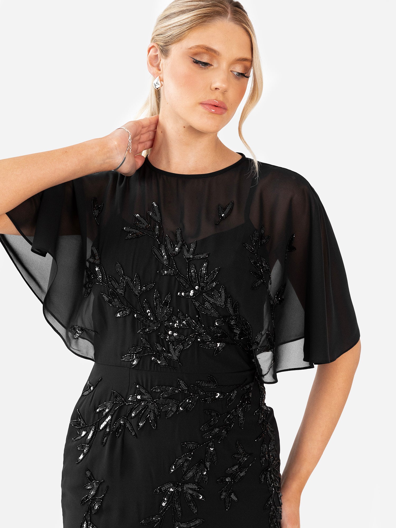Maya Black Floral Embellished Angel Sleeve Maxi Dress