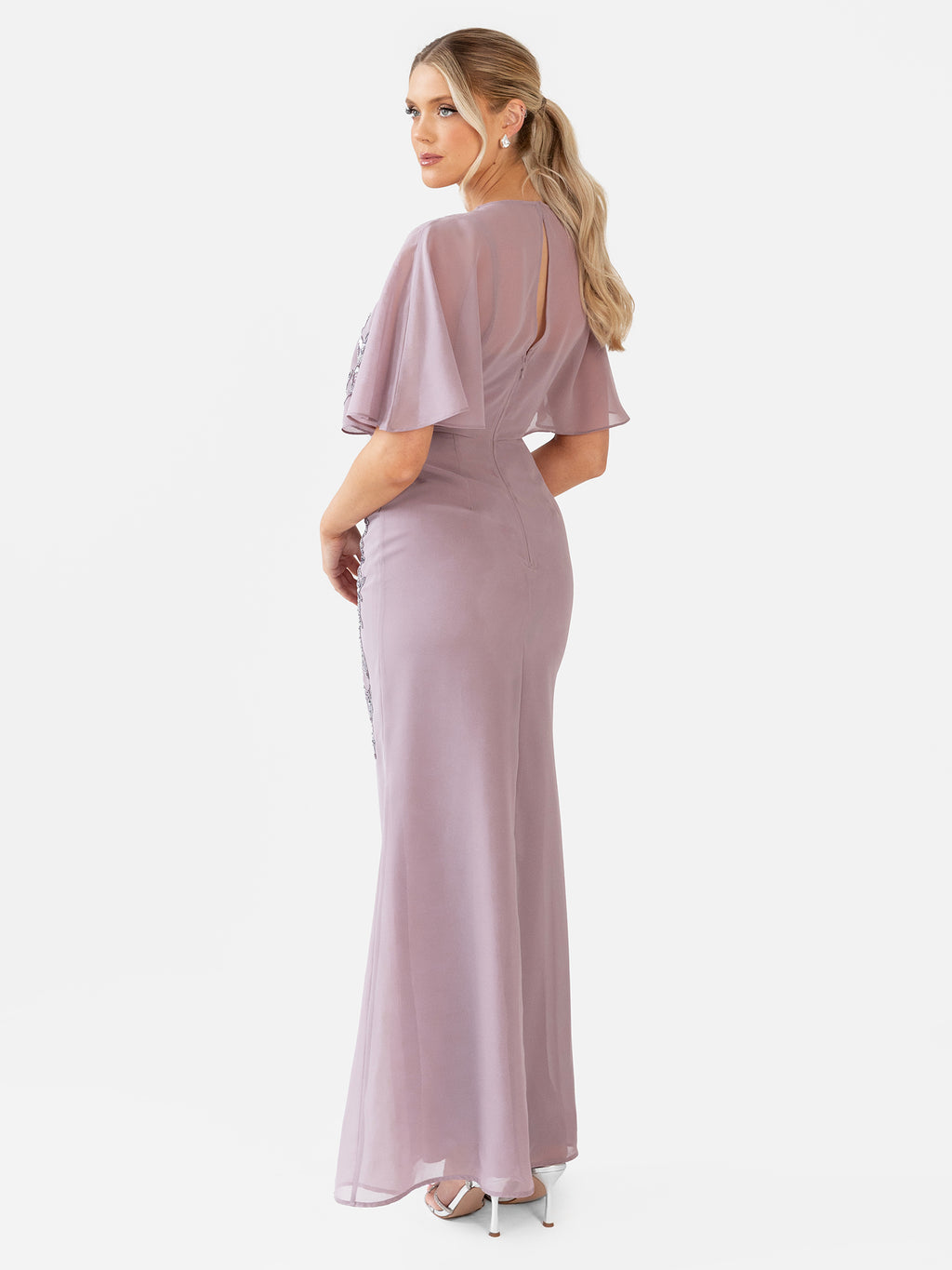 Maya Moody Lilac Floral Embellished Angel Sleeve Maxi Dress