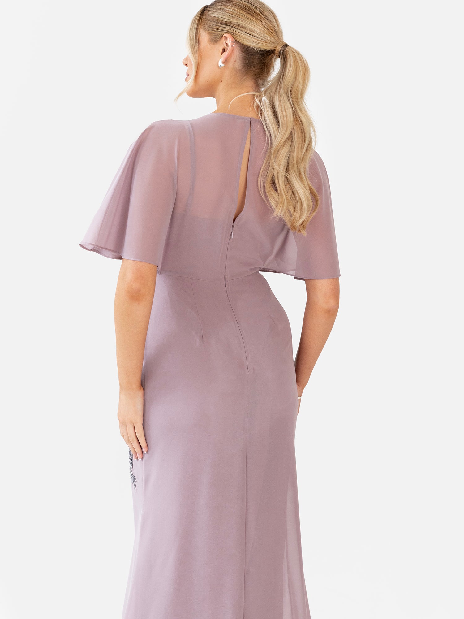 Maya Moody Lilac Floral Embellished Angel Sleeve Maxi Dress