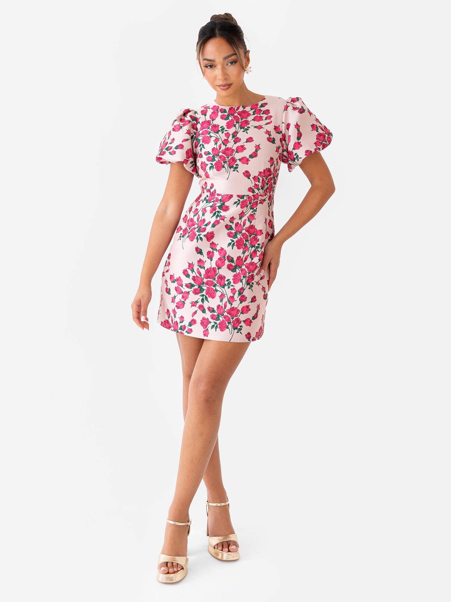 Maya Pink Floral Jacquard Short Puff Sleeve Mini Dress