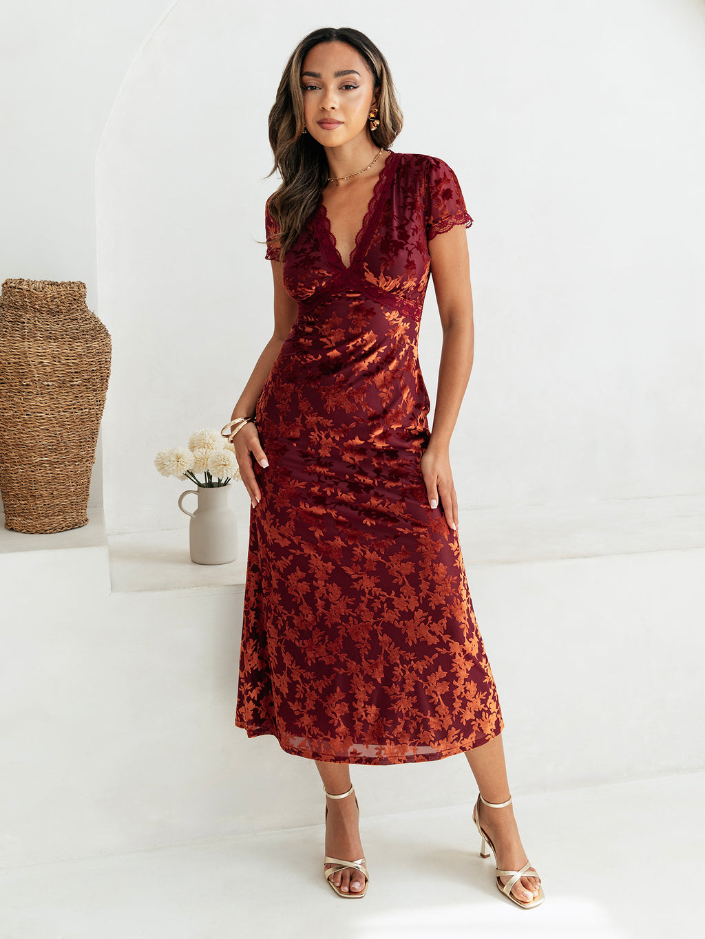 Maya Copper Rose Floral Velvet Devore V Neck Midaxi Dress