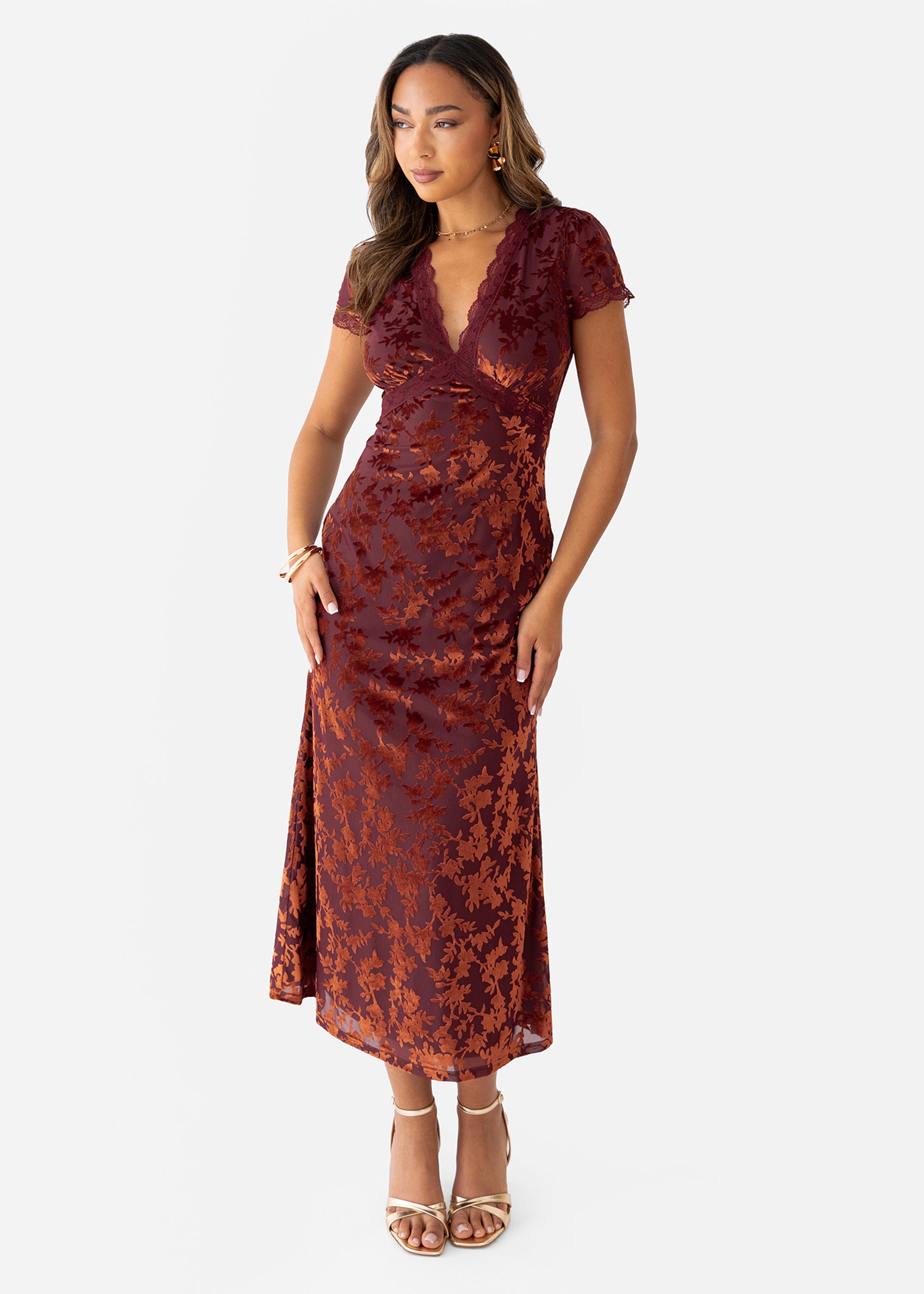 Maya Copper Rose Floral Velvet Devore V Neck Midaxi Dress