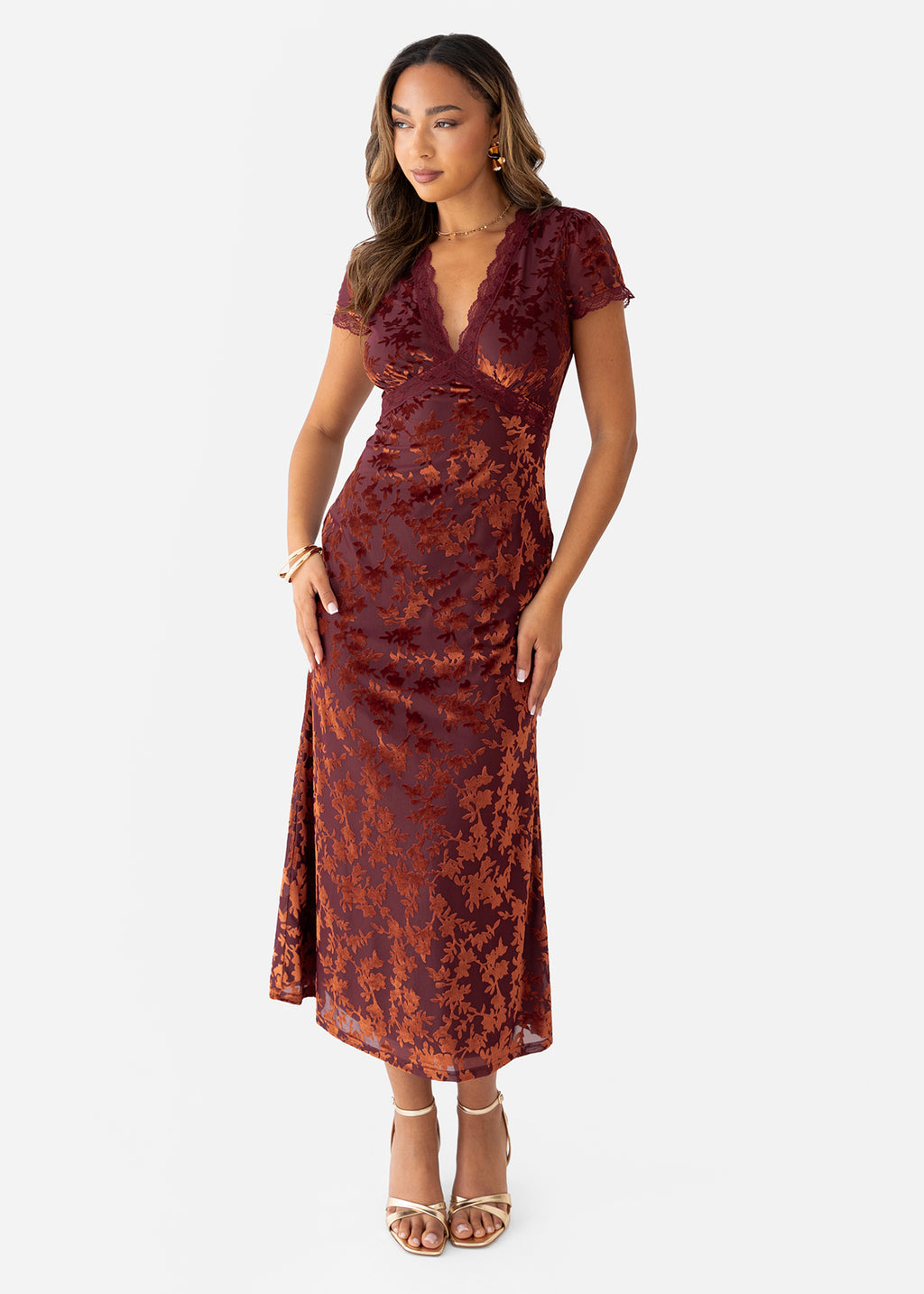 Maya Copper Rose Floral Velvet Devore V Neck Midaxi Dress