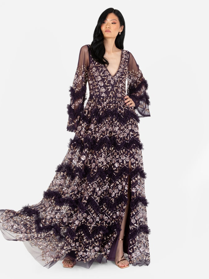 Maya Purple Fully Embellished Maxi Dress With Frill Detail