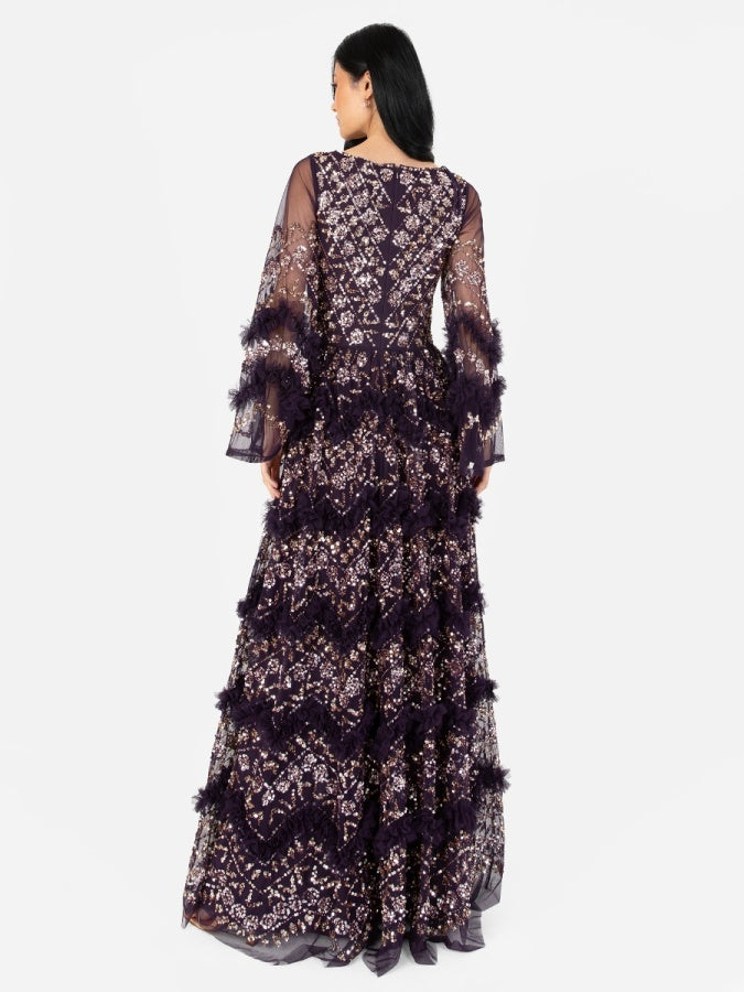 Maya Purple Fully Embellished Maxi Dress With Frill Detail