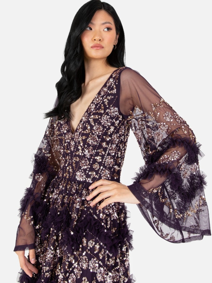 Maya Purple Fully Embellished Maxi Dress With Frill Detail
