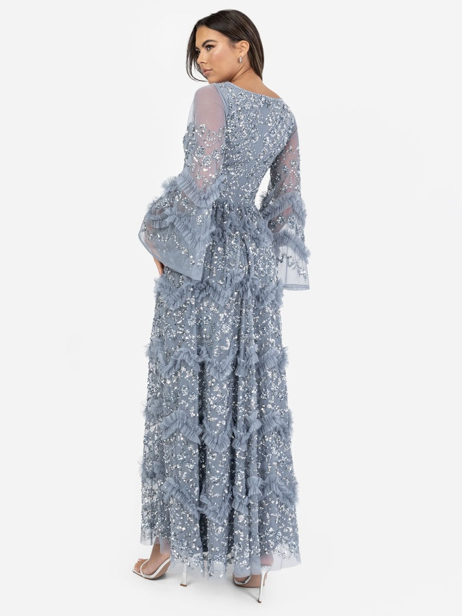 Maya Dusty Blue Fully Embellished Maxi Dress with Frill Detail