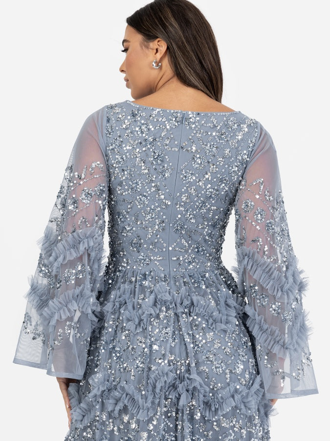 Maya Dusty Blue Fully Embellished Maxi Dress with Frill Detail