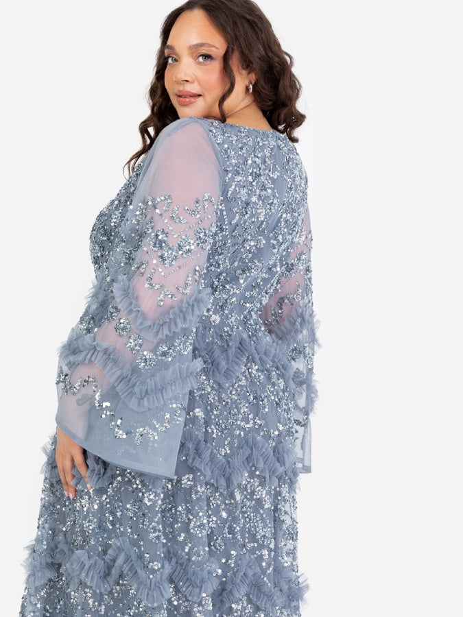 Maya Dusty Blue Fully Embellished Maxi Dress with Frill Detail
