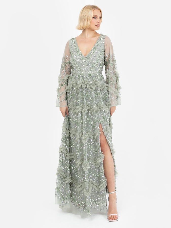 Maya Sage Green Fully Embellished Maxi Dress With Frill Detail