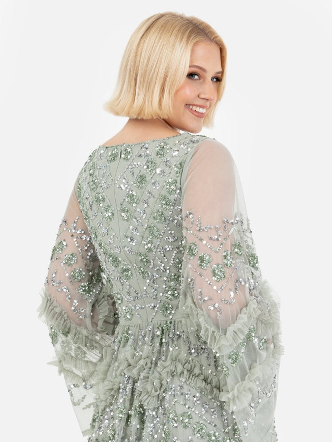 Maya Sage Green Fully Embellished Maxi Dress With Frill Detail