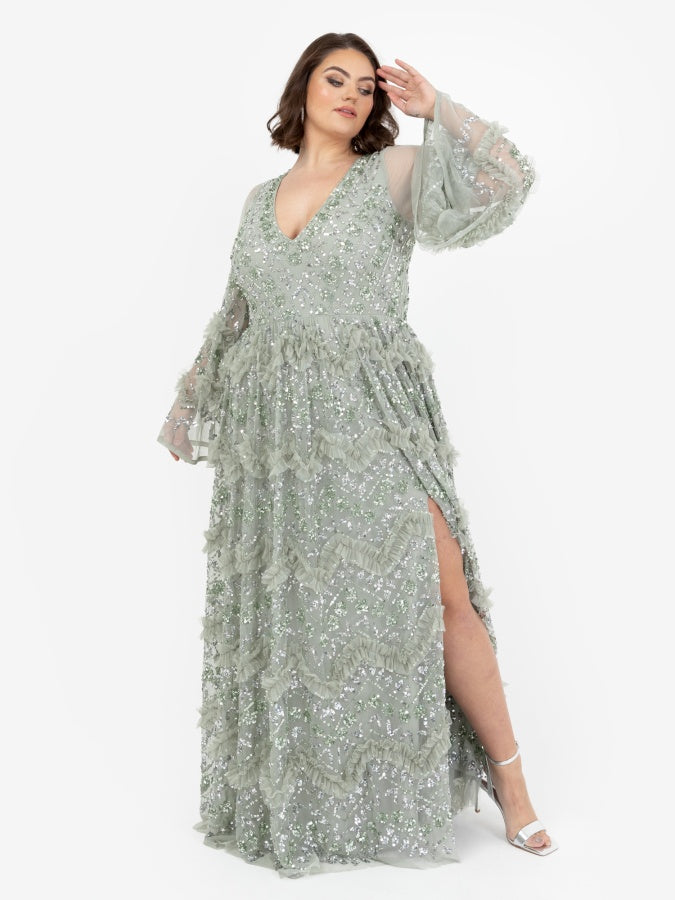 Maya Sage Green Fully Embellished Maxi Dress With Frill Detail