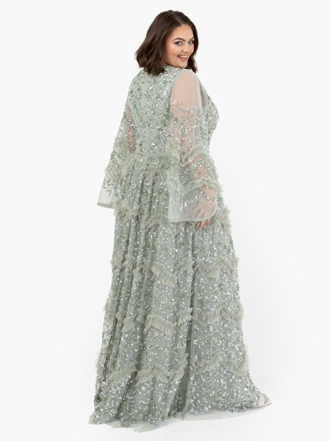 Maya Sage Green Fully Embellished Maxi Dress With Frill Detail