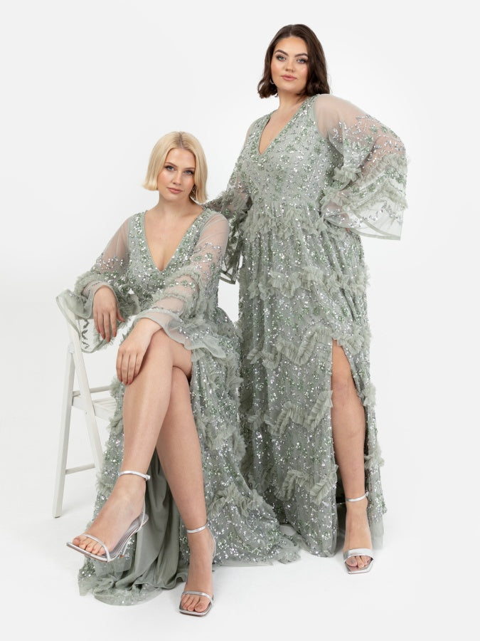 Maya Sage Green Fully Embellished Maxi Dress With Frill Detail