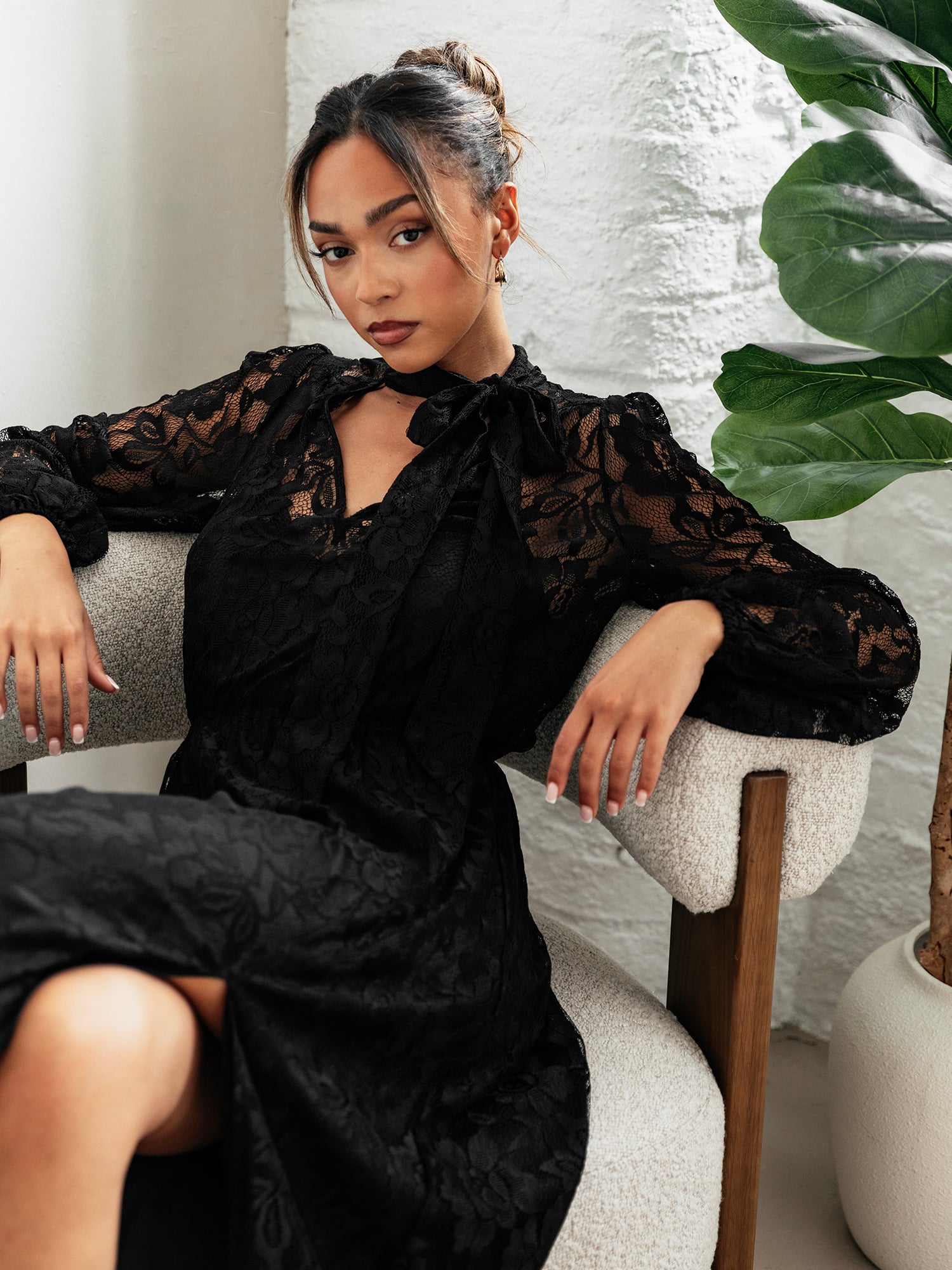 Maya Black Tie Neck Long Sleeve Lace Maxi Dress – Plaza Collection
