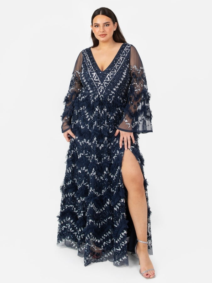 Maya Navy Fully Embellished Maxi Dress With Frill Detail