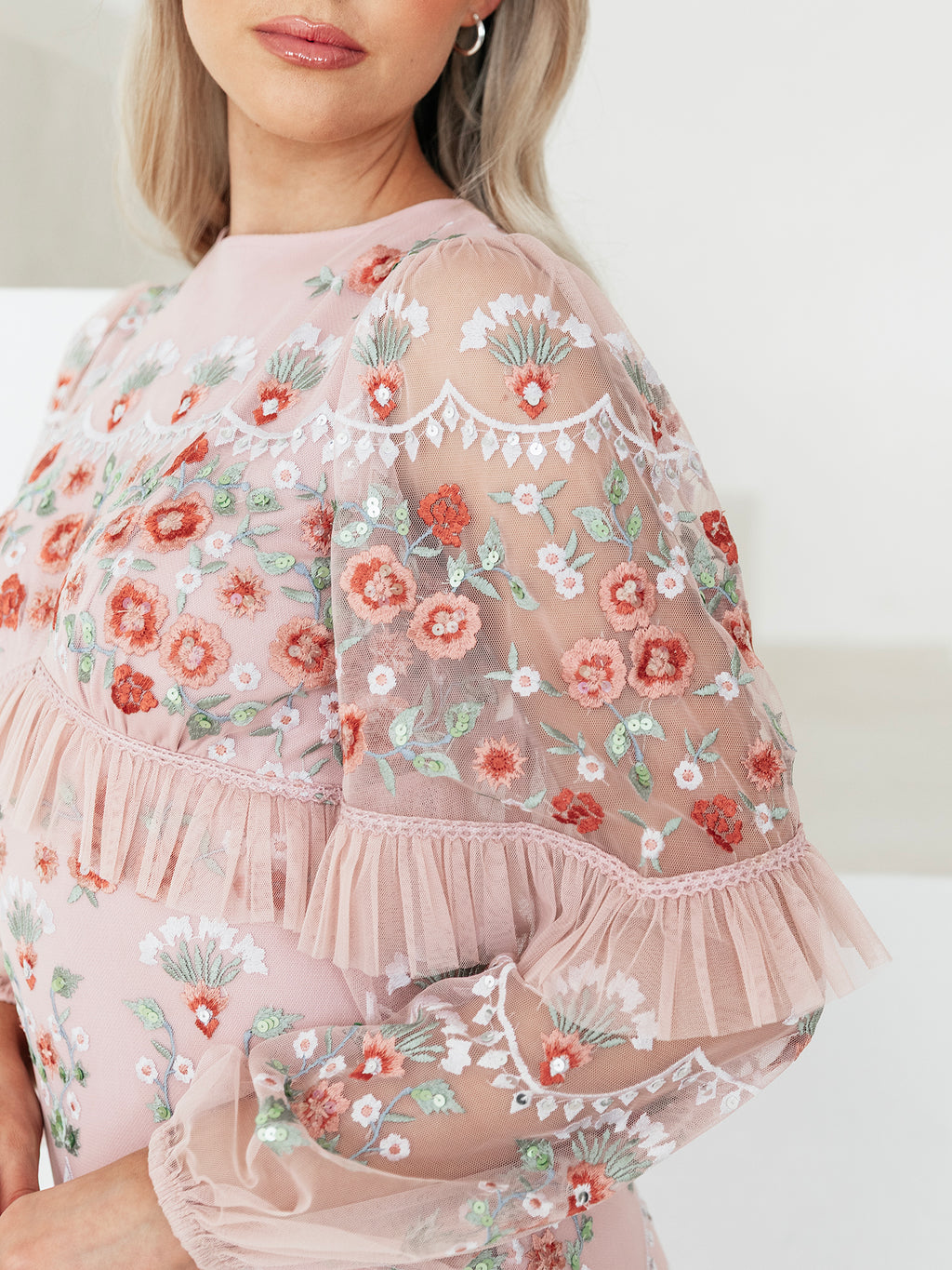 Maya Pale Peach Fully Embroidered Long Sleeve Maxi Dress with Frill Detail