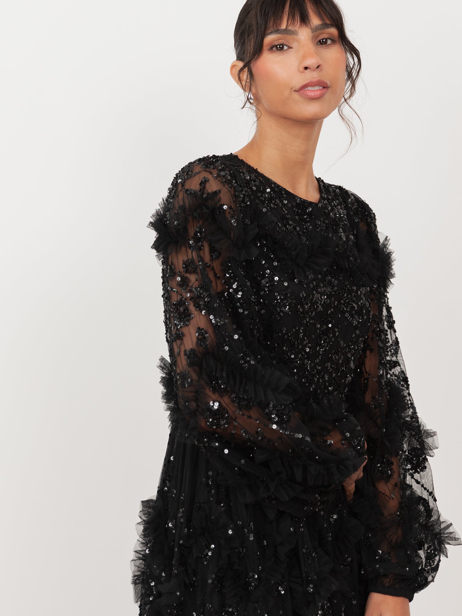 Maya Black Embellished Blouson Sleeve Maxi Dress