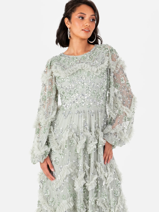 Maya Sage Green Embellished Blouson Sleeve Maxi Dress