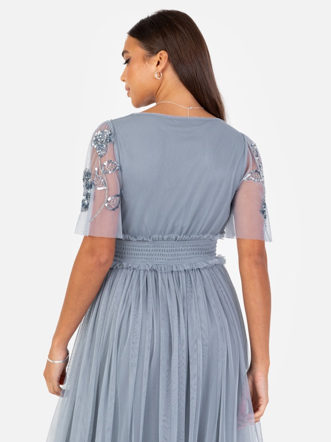 Maya Dusty Blue Floral Embellished Shirred Waist Short Sleeve Maxi Dress