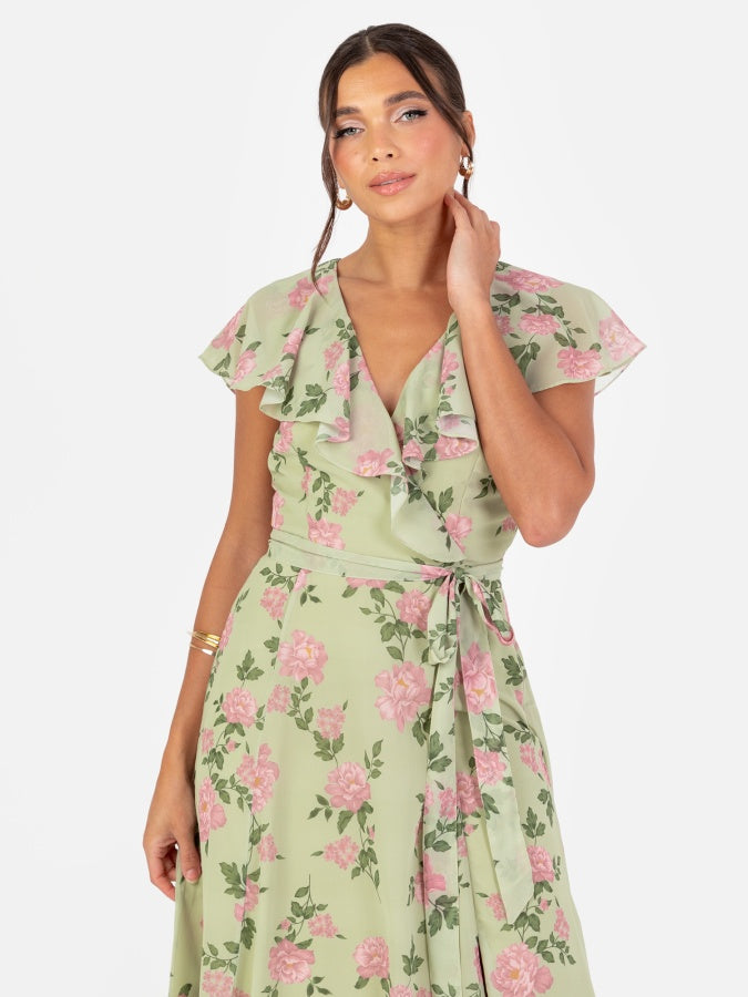 Anaya With Love Recycled Green Floral Print Cape Sleeve Maxi Dress