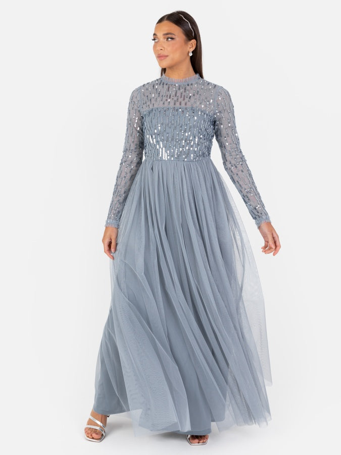 Maya Dusty Blue Linear Embellished Long Sleeve Maxi Dress