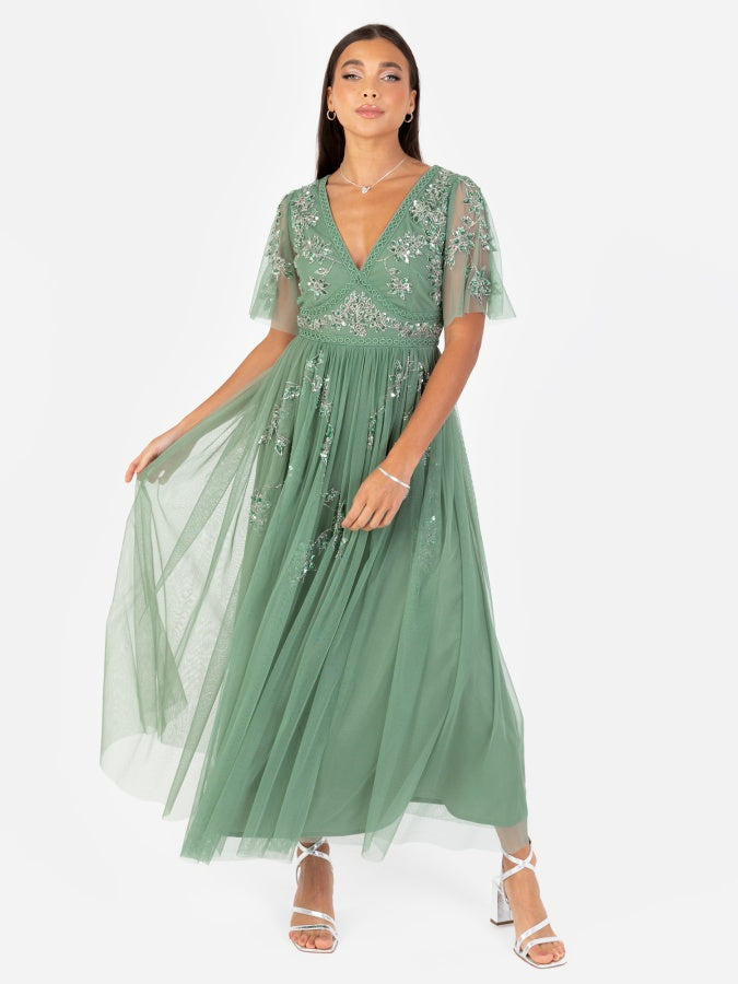 Maya Dark Sage Green Floral Motif Short Sleeve Midi Dress
