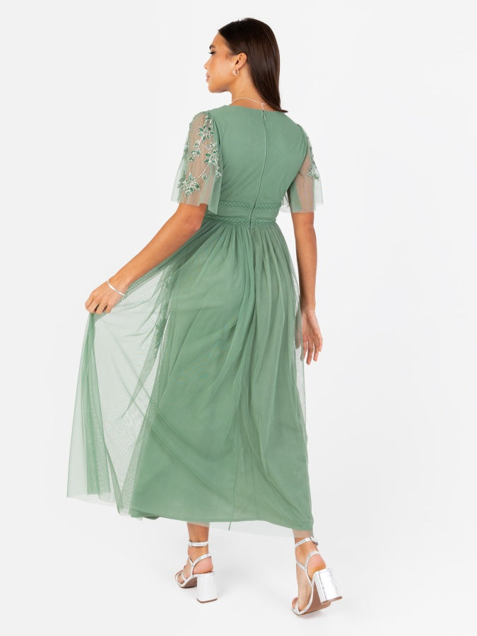Maya Dark Sage Green Floral Motif Short Sleeve Midi Dress