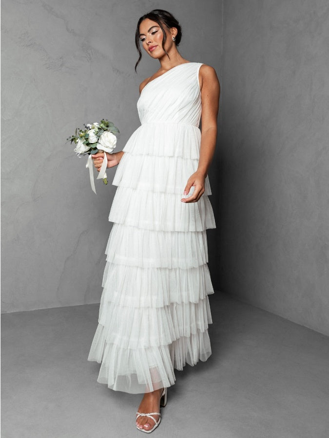 Anaya With Love Recycled White One Shoulder Ruffle Maxi Dress