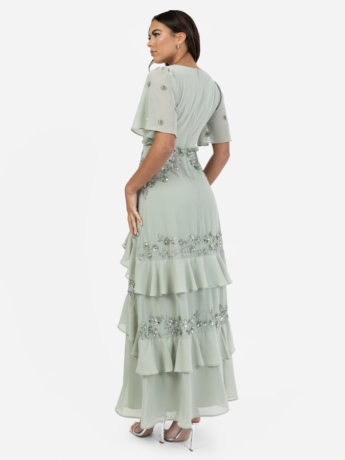 Maya Sage Green Embellished Short Sleeve Ruffled Maxi Dress