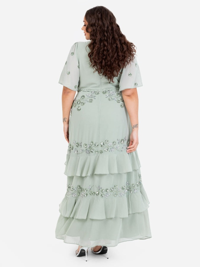 Maya Sage Green Embellished Short Sleeve Ruffled Maxi Dress
