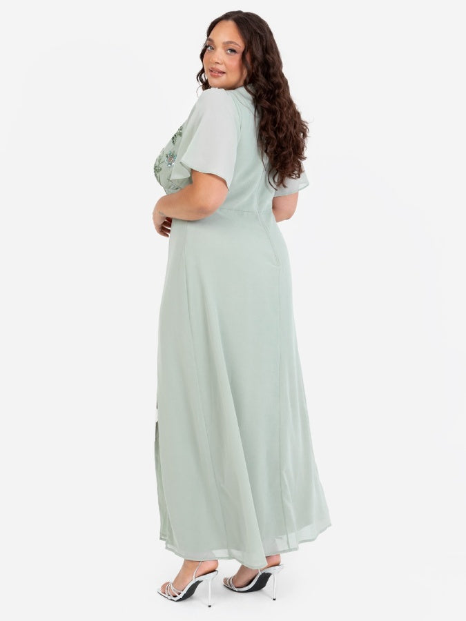 Maya Sage Green Floral Embellished Short Sleeve Maxi Dress with Skirt Split