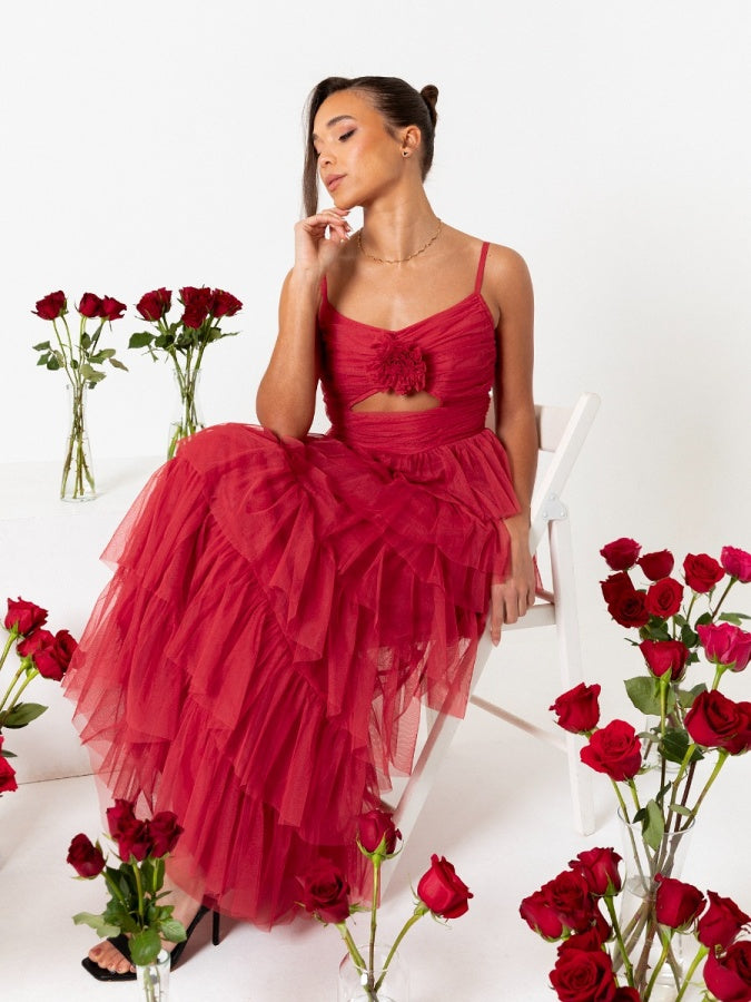 Anaya With Love Recycled Red Corsage Detail Tiered Cami Maxi Dress