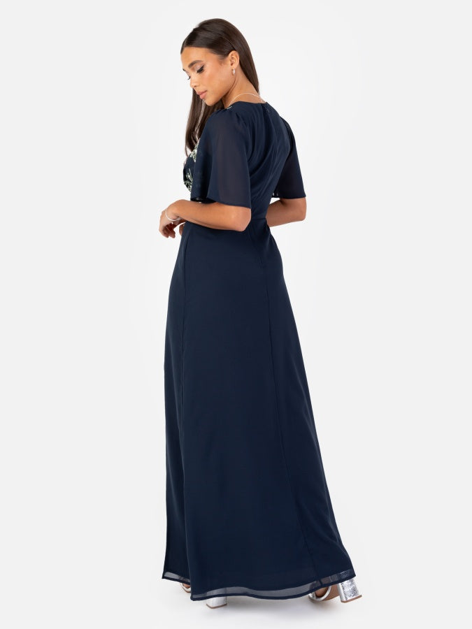 Maya Navy Floral Embellished Short Angel Sleeve Maxi Dress with Skirt Split