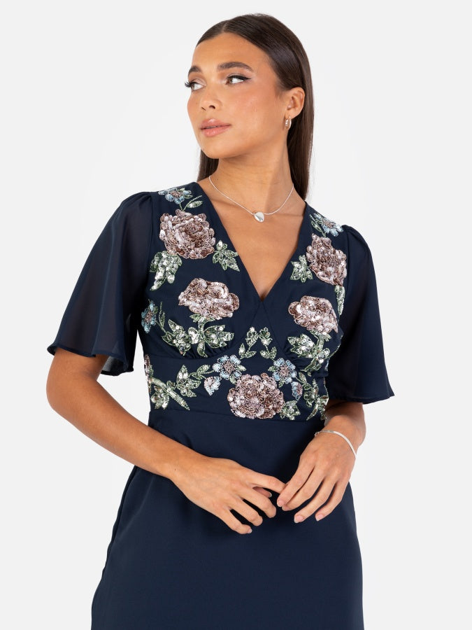 Maya Navy Floral Embellished Short Angel Sleeve Maxi Dress with Skirt Split
