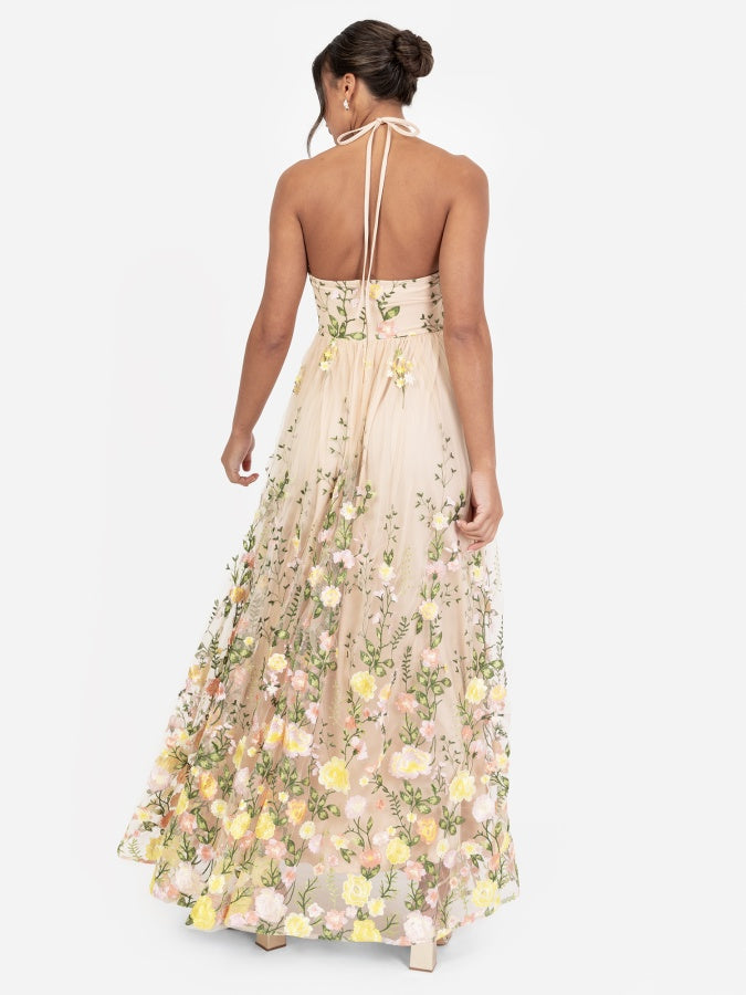 Maya Floral Embroidered Halter Neck Maxi Dress